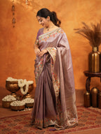 Dusty Mauve Banarasi Silk Embroidered Saree with Multicolor Floral Border & Zari Weaving | Heavy Embroidered Blouse with Tassels | Wedding & Festive Wear Saree