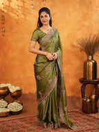 Olive Green Fendy Satin Embroidered Saree with Intricate Floral Border & Tassels | Designer Saree with Heavy Embroidered Blouse