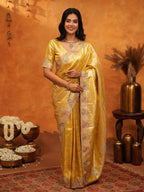 Rich Mustard Gold Banarasi Silk Saree with Elegant Floral Embroidered Border & Zari Weaving | Premium Festive Wedding Wear Saree
