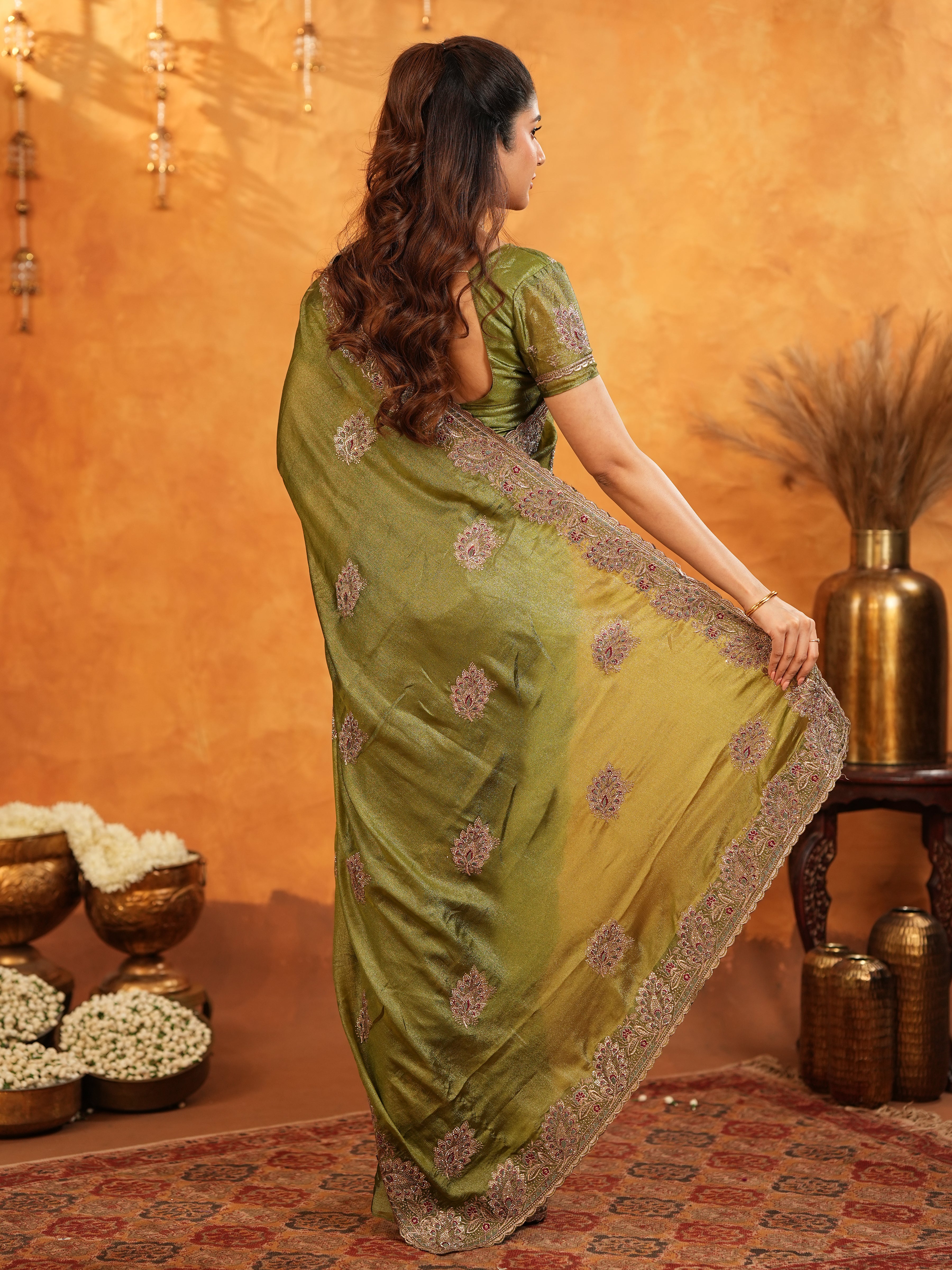 Olive Green Fendy Satin Embroidered Saree with Intricate Floral Border & Tassels | Designer Saree with Heavy Embroidered Blouse