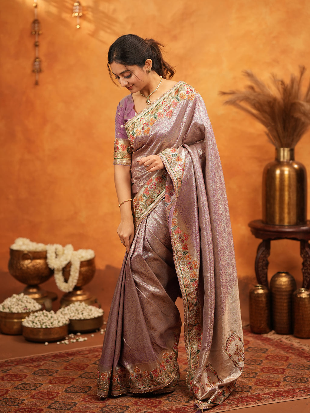 Dusty Mauve Banarasi Silk Embroidered Saree with Multicolor Floral Border & Zari Weaving | Heavy Embroidered Blouse with Tassels | Wedding & Festive Wear Saree