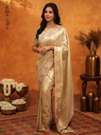 Luxurious Champagne Gold Banarasi Silk Saree with Delicate Floral Embroidered Border & Zari Weaving | Premium Wedding & Festive Wear Saree