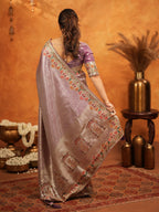 Dusty Mauve Banarasi Silk Embroidered Saree with Multicolor Floral Border & Zari Weaving | Heavy Embroidered Blouse with Tassels | Wedding & Festive Wear Saree