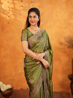 Olive Green Fendy Satin Embroidered Saree with Intricate Floral Border & Tassels | Designer Saree with Heavy Embroidered Blouse