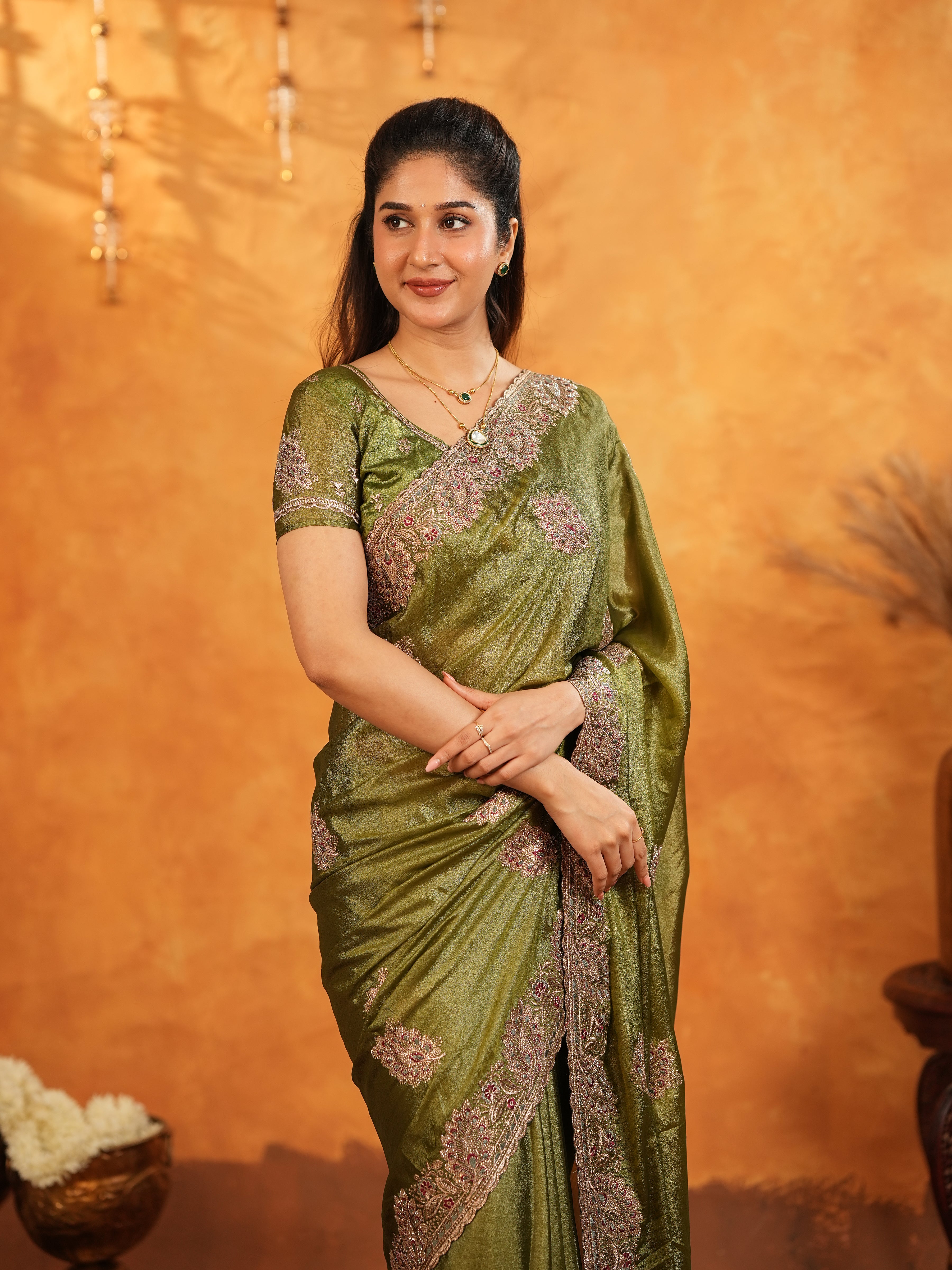 Olive Green Fendy Satin Embroidered Saree with Intricate Floral Border & Tassels | Designer Saree with Heavy Embroidered Blouse