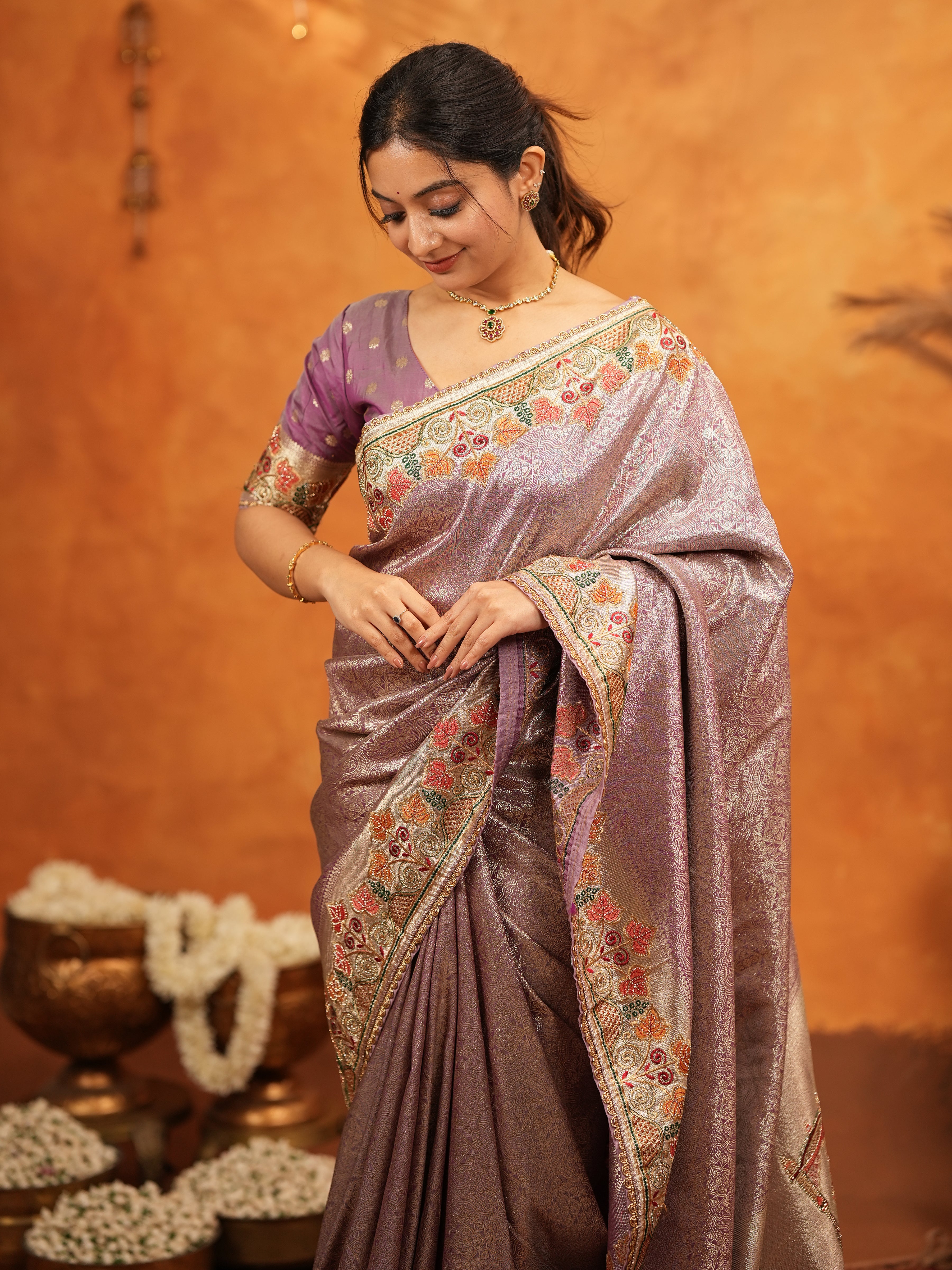 Dusty Mauve Banarasi Silk Embroidered Saree with Multicolor Floral Border & Zari Weaving | Heavy Embroidered Blouse with Tassels | Wedding & Festive Wear Saree