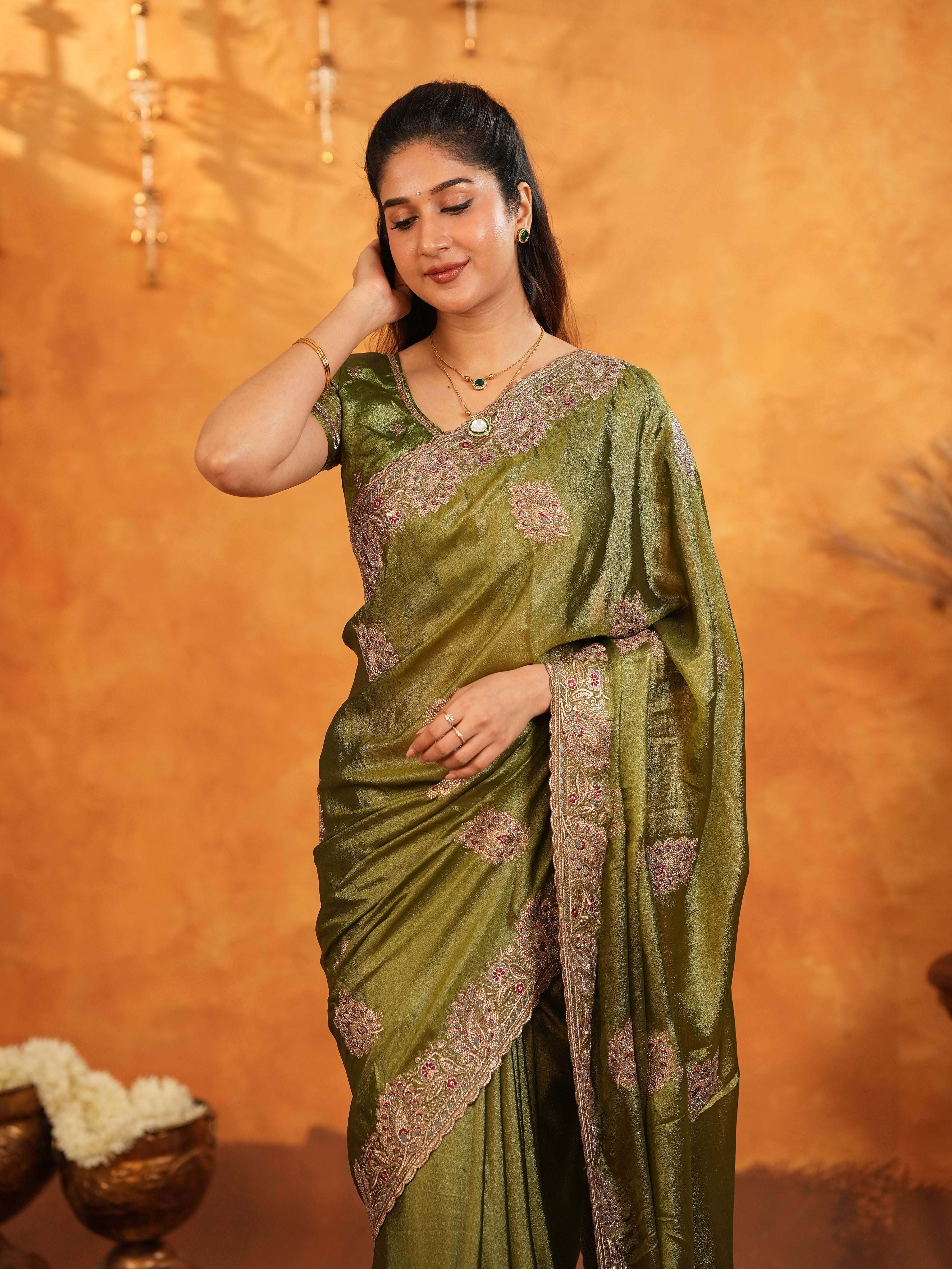 Olive Green Fendy Satin Embroidered Saree with Intricate Floral Border & Tassels | Designer Saree with Heavy Embroidered Blouse