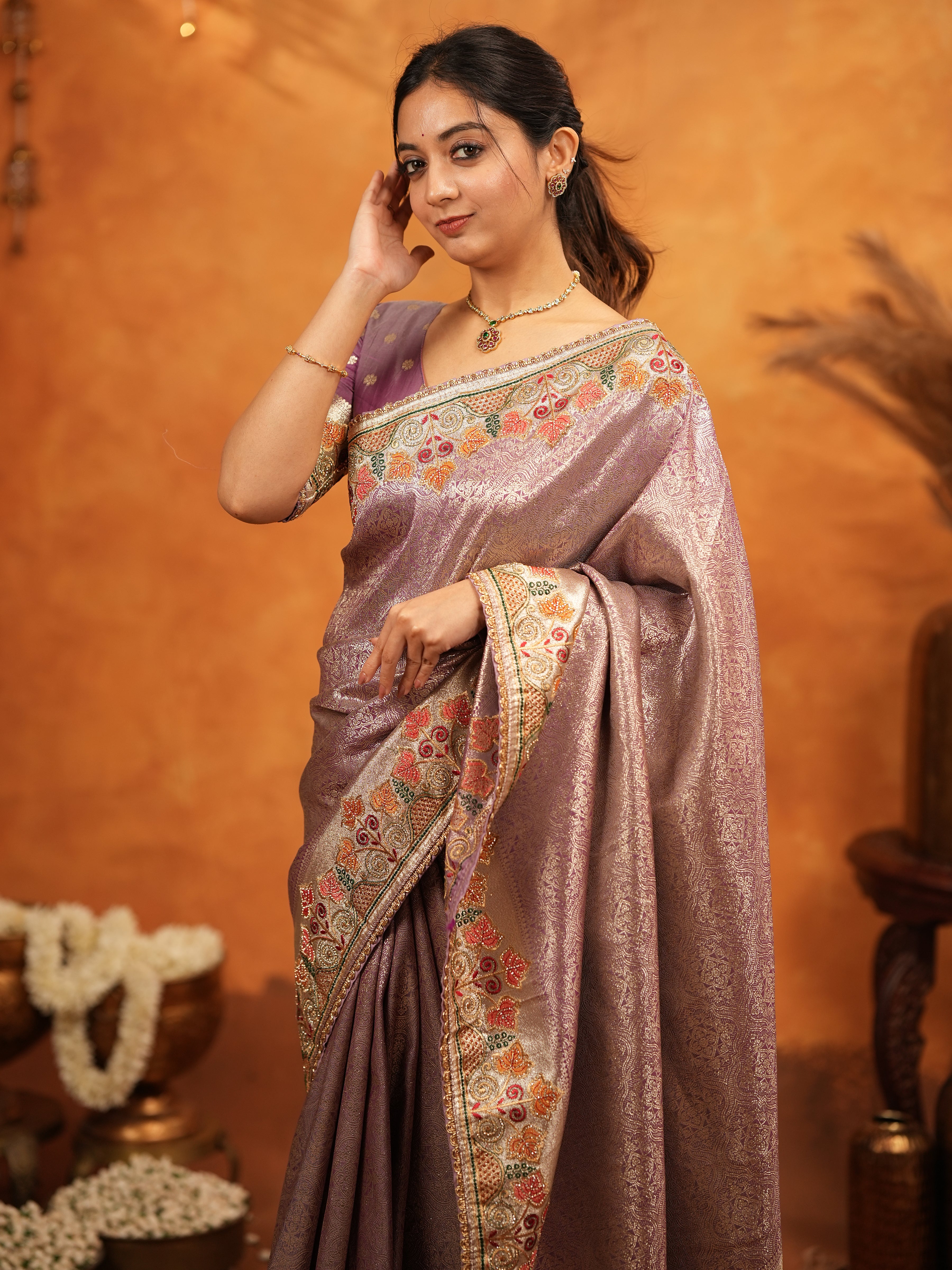 Dusty Mauve Banarasi Silk Embroidered Saree with Multicolor Floral Border & Zari Weaving | Heavy Embroidered Blouse with Tassels | Wedding & Festive Wear Saree