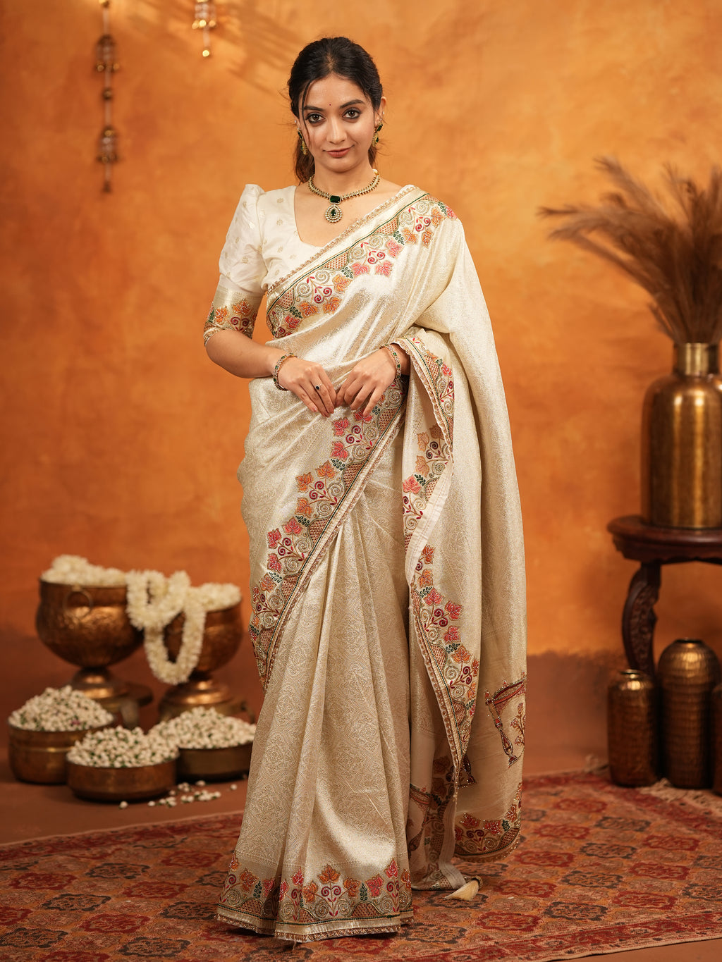 Ivory Cream Banarasi Silk Embroidered Saree with Multicolor Floral Border & Zari Weaving | Heavy Embroidered Blouse with Tassels | Wedding & Festive Wear Saree