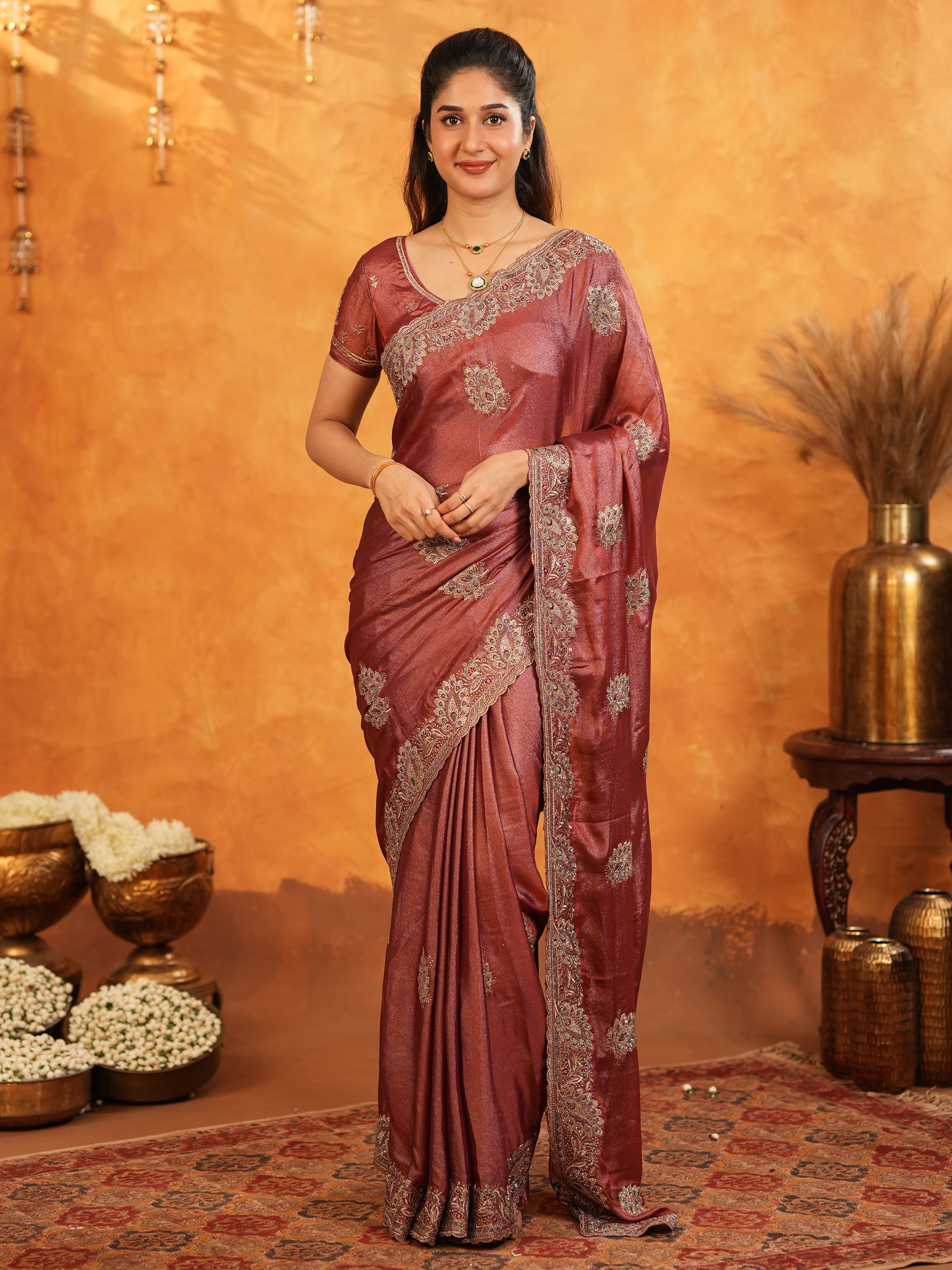 Wine Maroon Fendy Satin Embroidered Saree with Rich Floral Border & Tassels | Designer Saree with Heavy Embroidered Blouse