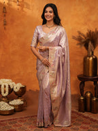 Elegant Lavender Pink Banarasi Silk Saree with Delicate Floral Embroidered Border & Zari Weaving | Premium Pastel Wedding & Festive Wear Saree