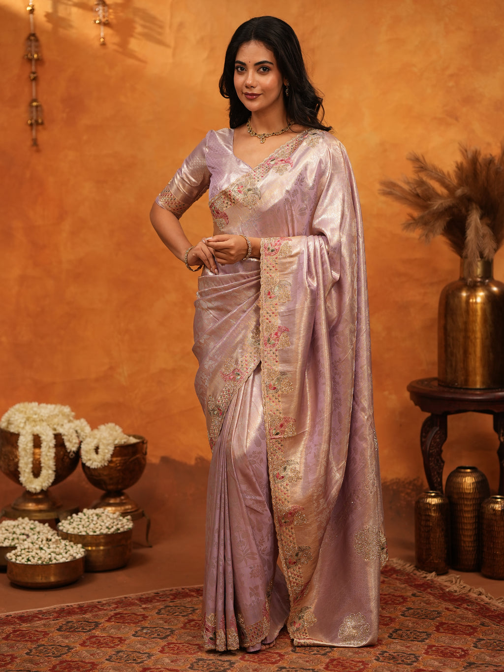 Elegant Lavender Pink Banarasi Silk Saree with Delicate Floral Embroidered Border & Zari Weaving | Premium Pastel Wedding & Festive Wear Saree
