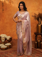 Elegant Lavender Pink Banarasi Silk Saree with Delicate Floral Embroidered Border & Zari Weaving | Premium Pastel Wedding & Festive Wear Saree