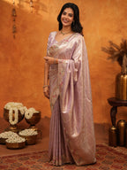 Elegant Lavender Pink Banarasi Silk Saree with Delicate Floral Embroidered Border & Zari Weaving | Premium Pastel Wedding & Festive Wear Saree