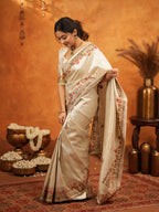 Ivory Cream Banarasi Silk Embroidered Saree with Multicolor Floral Border & Zari Weaving | Heavy Embroidered Blouse with Tassels | Wedding & Festive Wear Saree