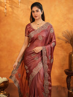 Wine Maroon Fendy Satin Embroidered Saree with Rich Floral Border & Tassels | Designer Saree with Heavy Embroidered Blouse