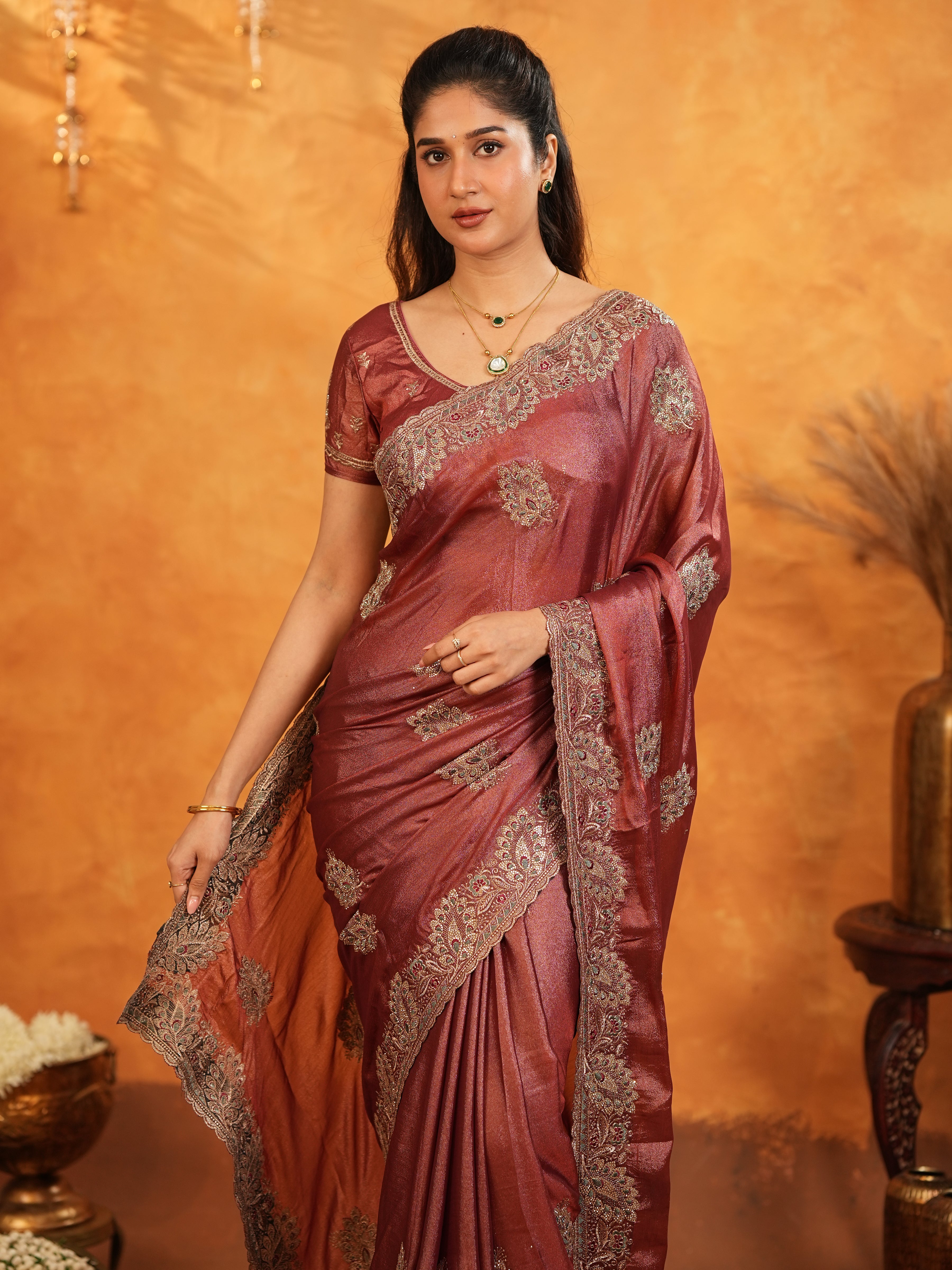 Wine Maroon Fendy Satin Embroidered Saree with Rich Floral Border & Tassels | Designer Saree with Heavy Embroidered Blouse