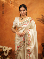 Ivory Cream Banarasi Silk Embroidered Saree with Multicolor Floral Border & Zari Weaving | Heavy Embroidered Blouse with Tassels | Wedding & Festive Wear Saree