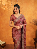 Wine Maroon Fendy Satin Embroidered Saree with Rich Floral Border & Tassels | Designer Saree with Heavy Embroidered Blouse