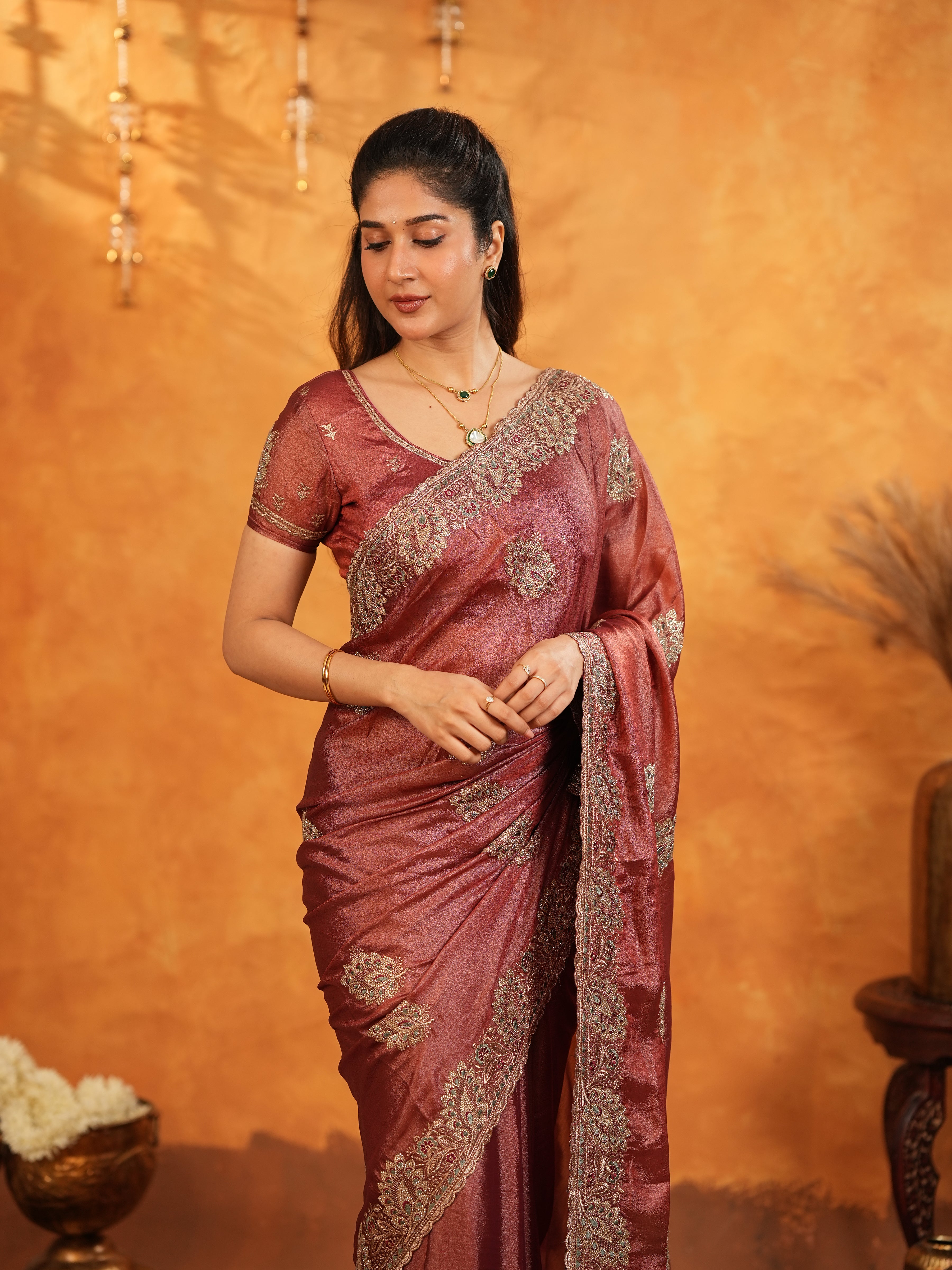Wine Maroon Fendy Satin Embroidered Saree with Rich Floral Border & Tassels | Designer Saree with Heavy Embroidered Blouse