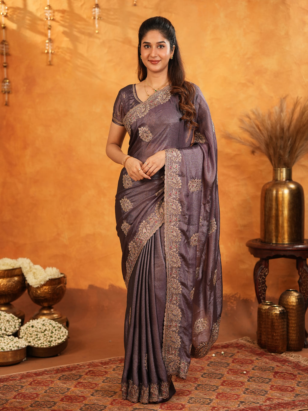 Coffee Brown Fendy Satin Embroidered Saree with Rich Floral Border & Tassels | Designer Saree with Heavy Embroidered Blouse