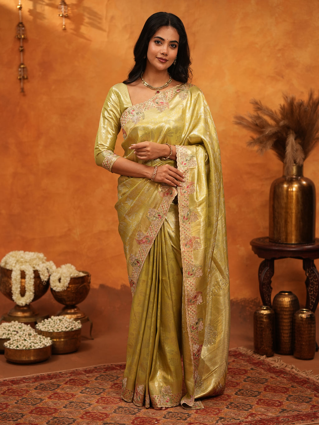 Elegant Olive Gold Banarasi Silk Saree with Floral Embroidered Border & Zari Weaving | Premium Festive Wedding Wear Saree