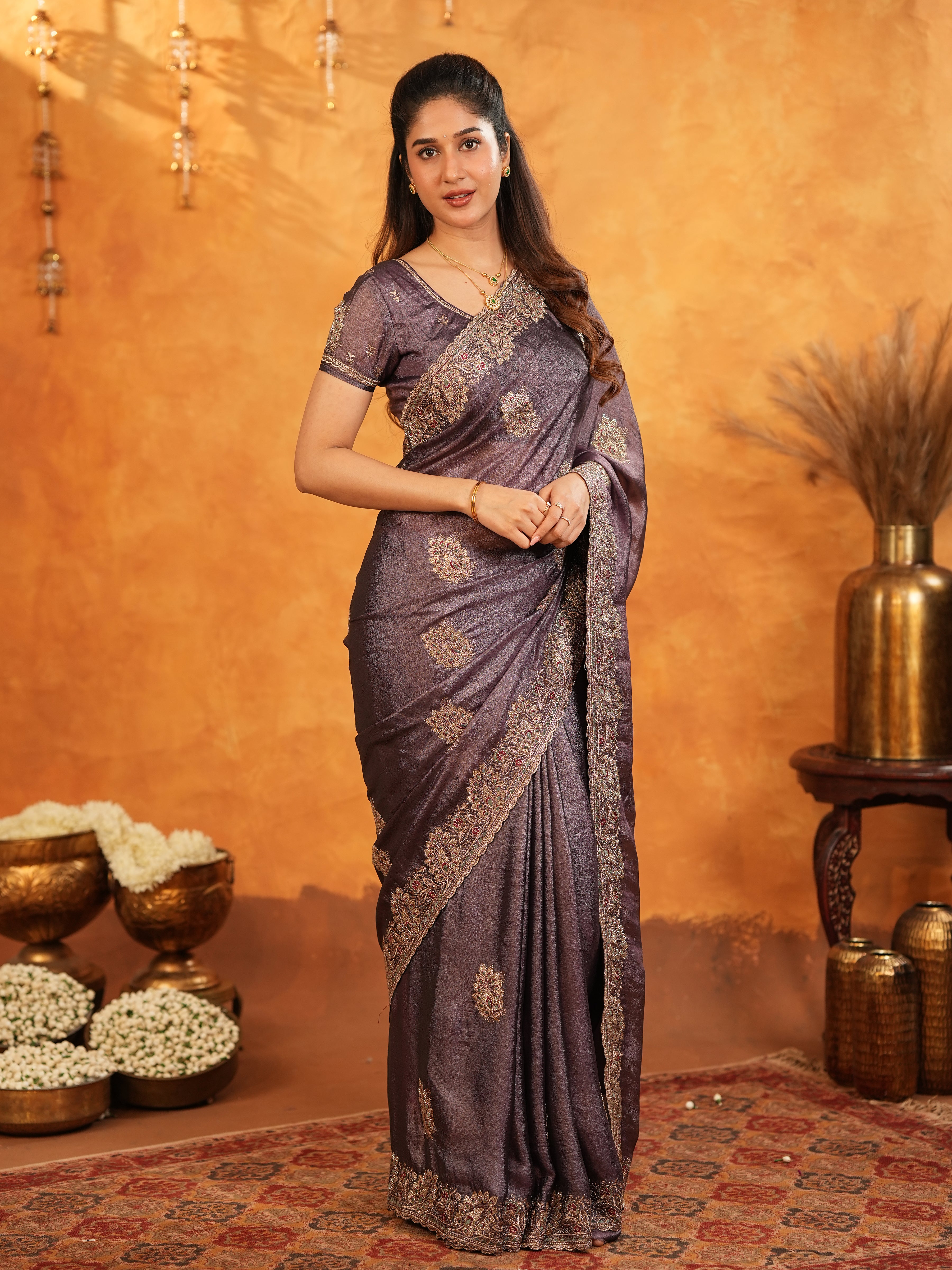 Coffee Brown Fendy Satin Embroidered Saree with Rich Floral Border & Tassels | Designer Saree with Heavy Embroidered Blouse