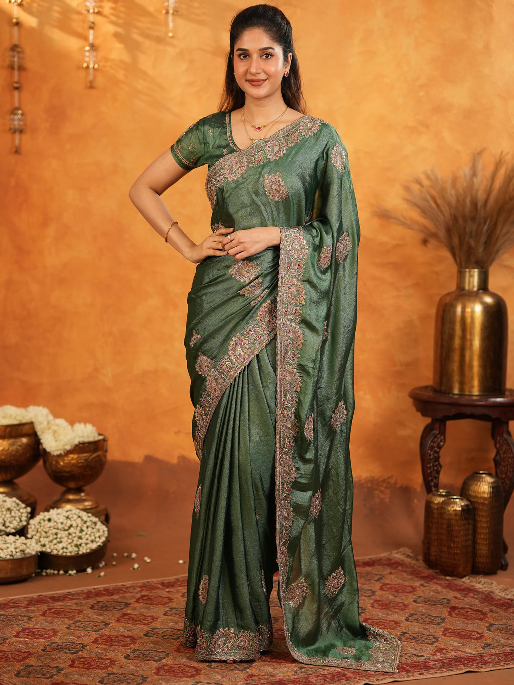Bottle Green Fendy Satin Embroidered Saree with Intricate Floral Border & Tassels | Designer Saree with Heavy Embroidered Blouse