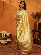 Elegant Olive Gold Banarasi Silk Saree with Floral Embroidered Border & Zari Weaving | Premium Festive Wedding Wear Saree