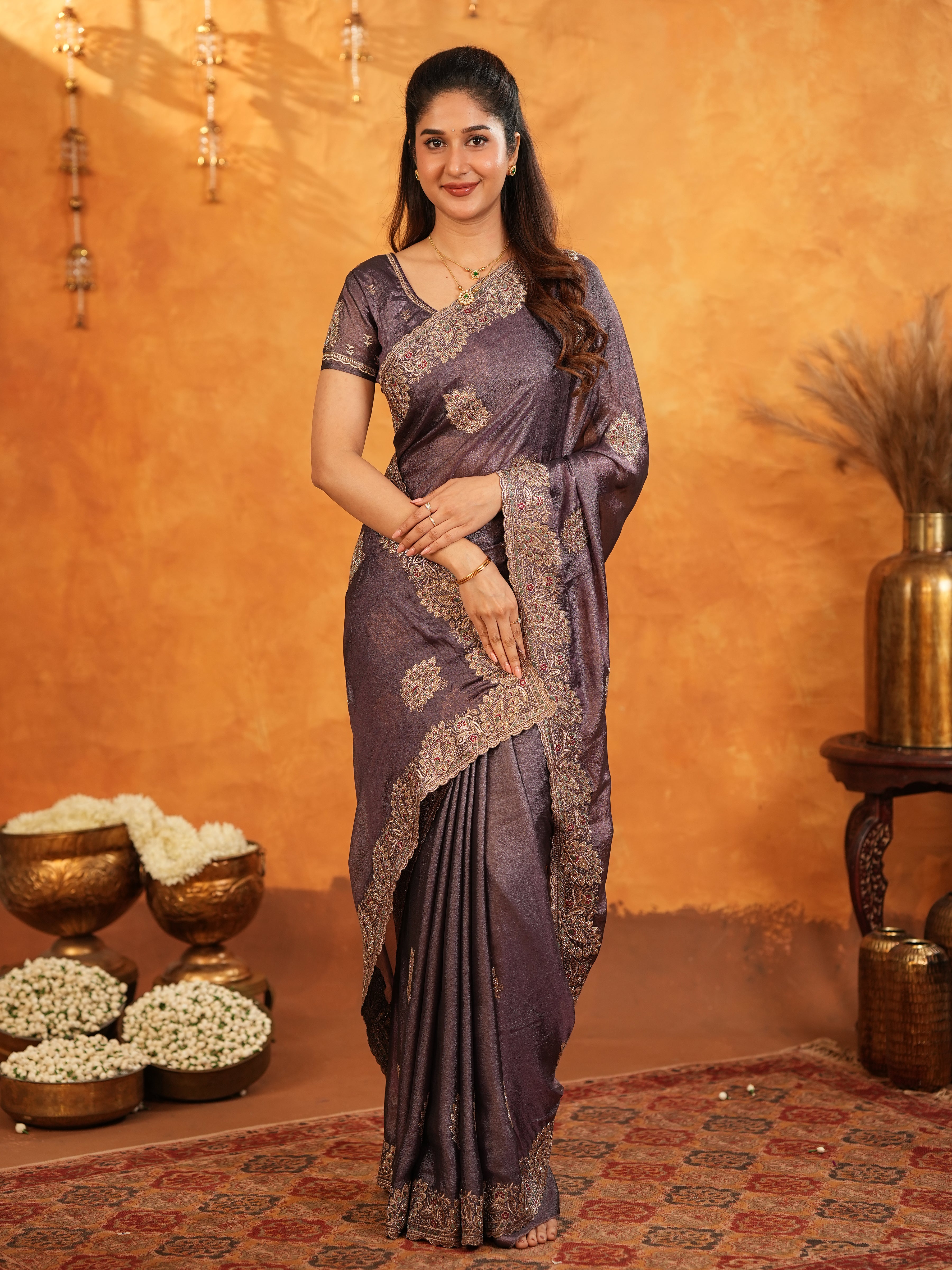 Coffee Brown Fendy Satin Embroidered Saree with Rich Floral Border & Tassels | Designer Saree with Heavy Embroidered Blouse