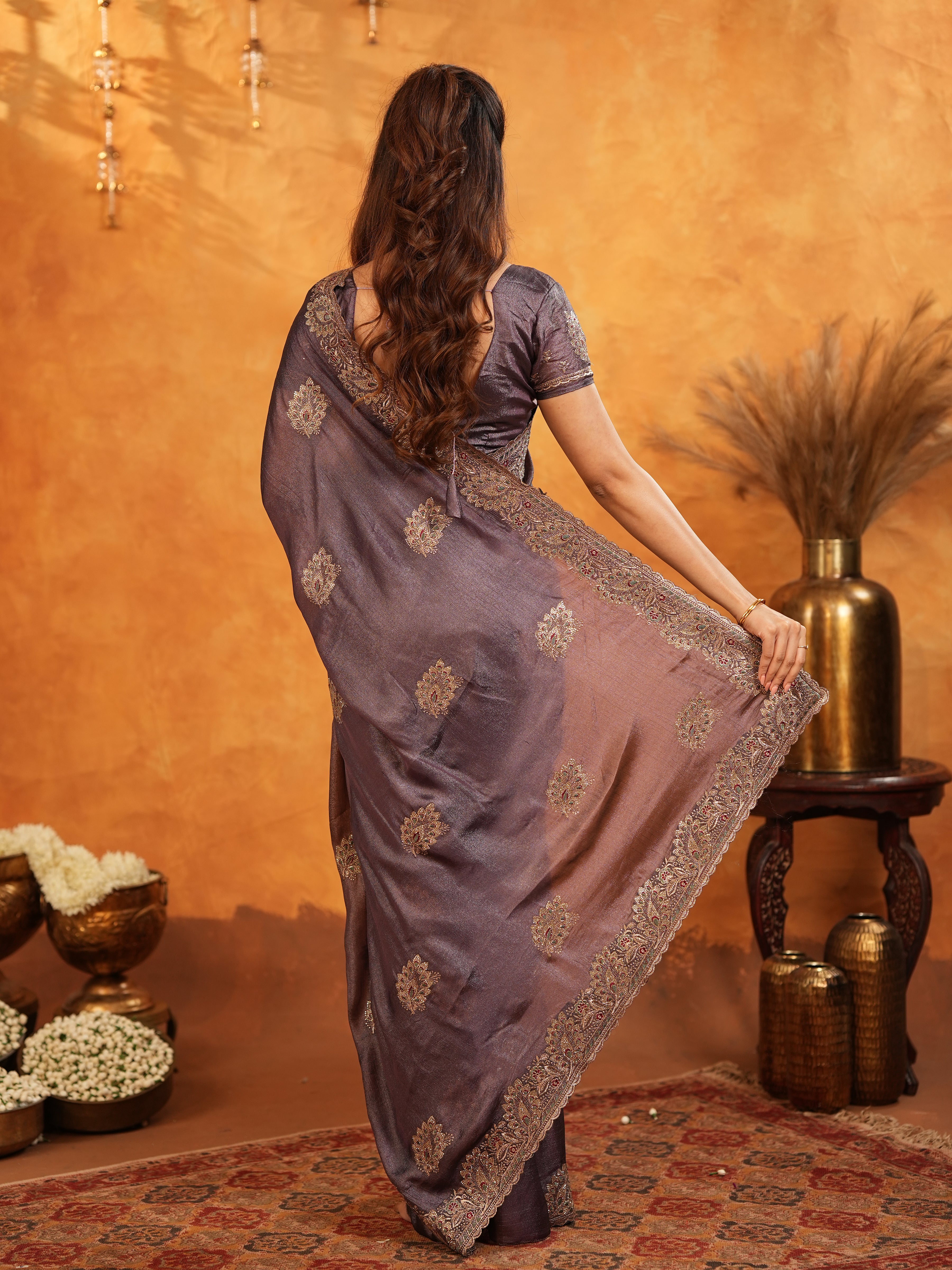 Coffee Brown Fendy Satin Embroidered Saree with Rich Floral Border & Tassels | Designer Saree with Heavy Embroidered Blouse