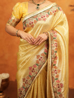 Sunshine Yellow Banarasi Silk Embroidered Saree with Multicolor Floral Border & Zari Weaving | Heavy Embroidered Blouse with Tassels | Wedding & Festive Wear Saree