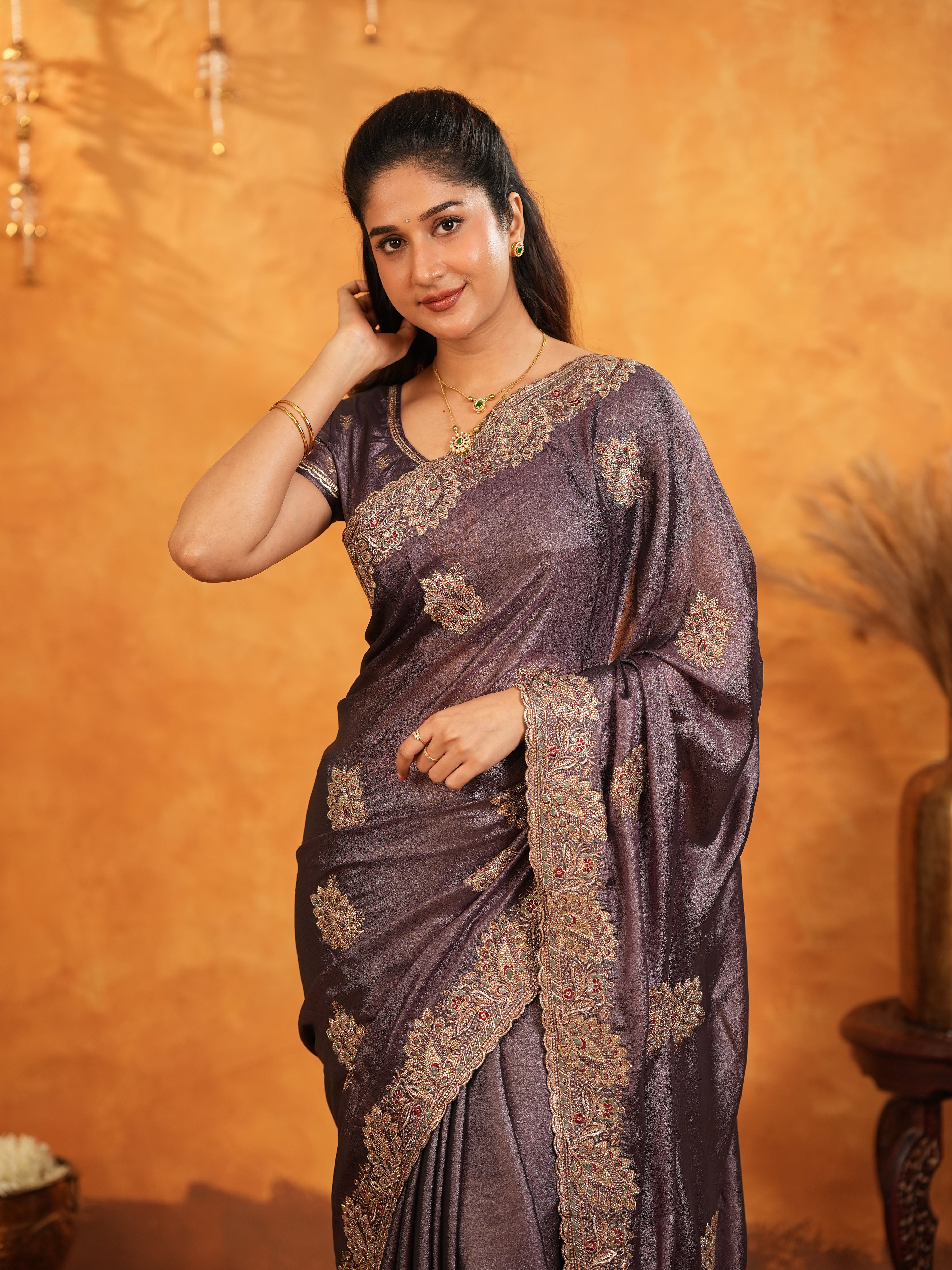 Coffee Brown Fendy Satin Embroidered Saree with Rich Floral Border & Tassels | Designer Saree with Heavy Embroidered Blouse