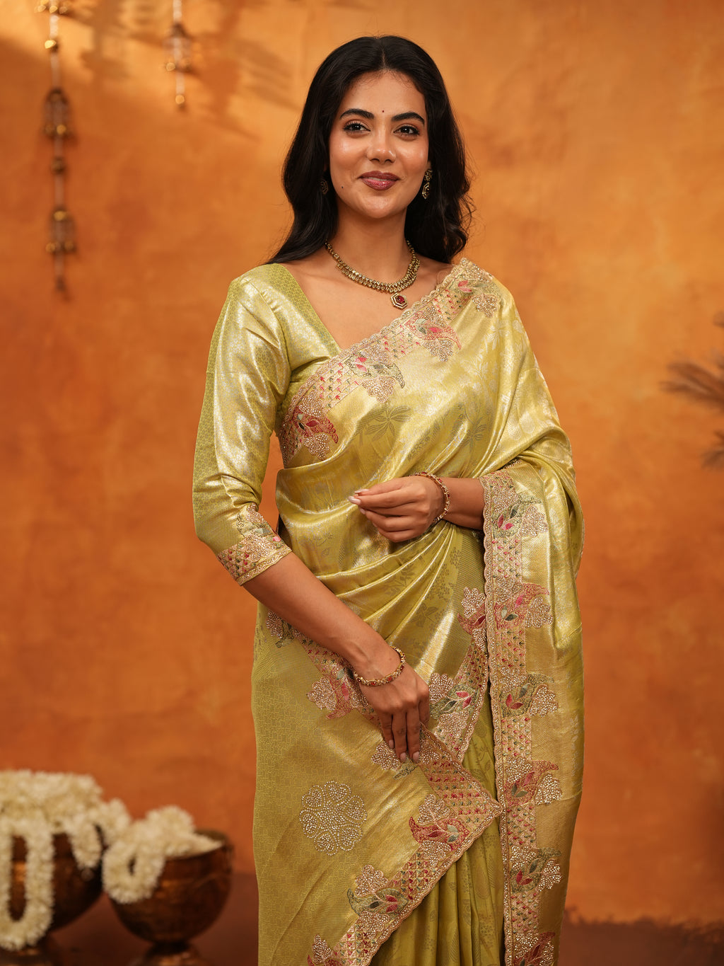 Elegant Olive Gold Banarasi Silk Saree with Floral Embroidered Border & Zari Weaving | Premium Festive Wedding Wear Saree