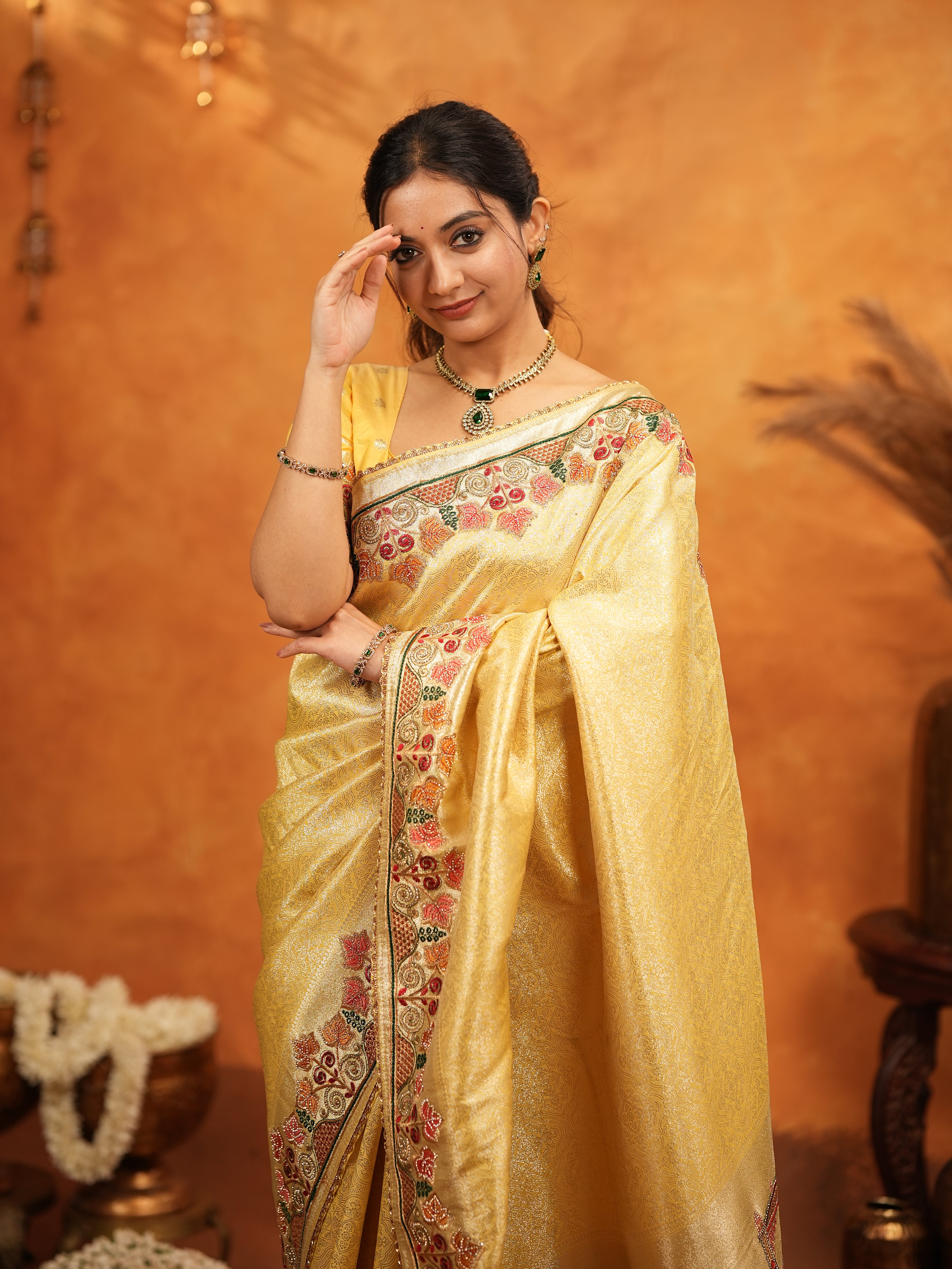 Sunshine Yellow Banarasi Silk Embroidered Saree with Multicolor Floral Border & Zari Weaving | Heavy Embroidered Blouse with Tassels | Wedding & Festive Wear Saree