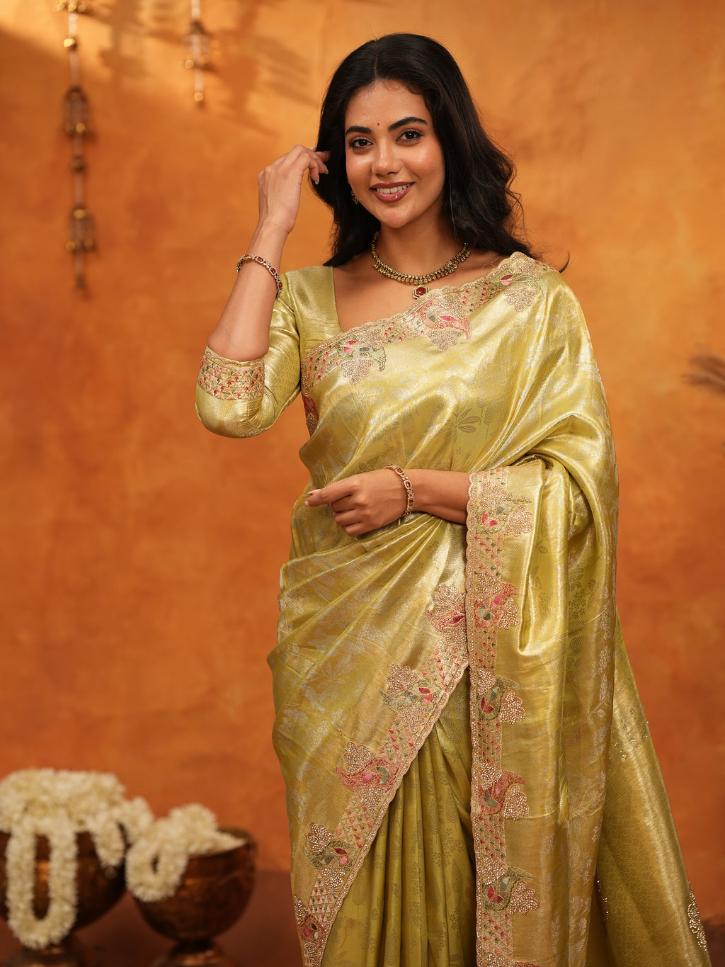 Elegant Olive Gold Banarasi Silk Saree with Floral Embroidered Border & Zari Weaving | Premium Festive Wedding Wear Saree