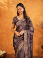 Coffee Brown Fendy Satin Embroidered Saree with Rich Floral Border & Tassels | Designer Saree with Heavy Embroidered Blouse