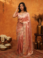 Elegant Rose Gold Banarasi Silk Saree with Floral Embroidered Border & Zari Weaving | Designer Wedding & Festive Wear Saree