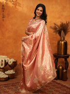 Elegant Rose Gold Banarasi Silk Saree with Floral Embroidered Border & Zari Weaving | Designer Wedding & Festive Wear Saree
