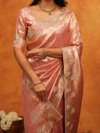 Elegant Rose Gold Banarasi Silk Saree with Floral Embroidered Border & Zari Weaving | Designer Wedding & Festive Wear Saree