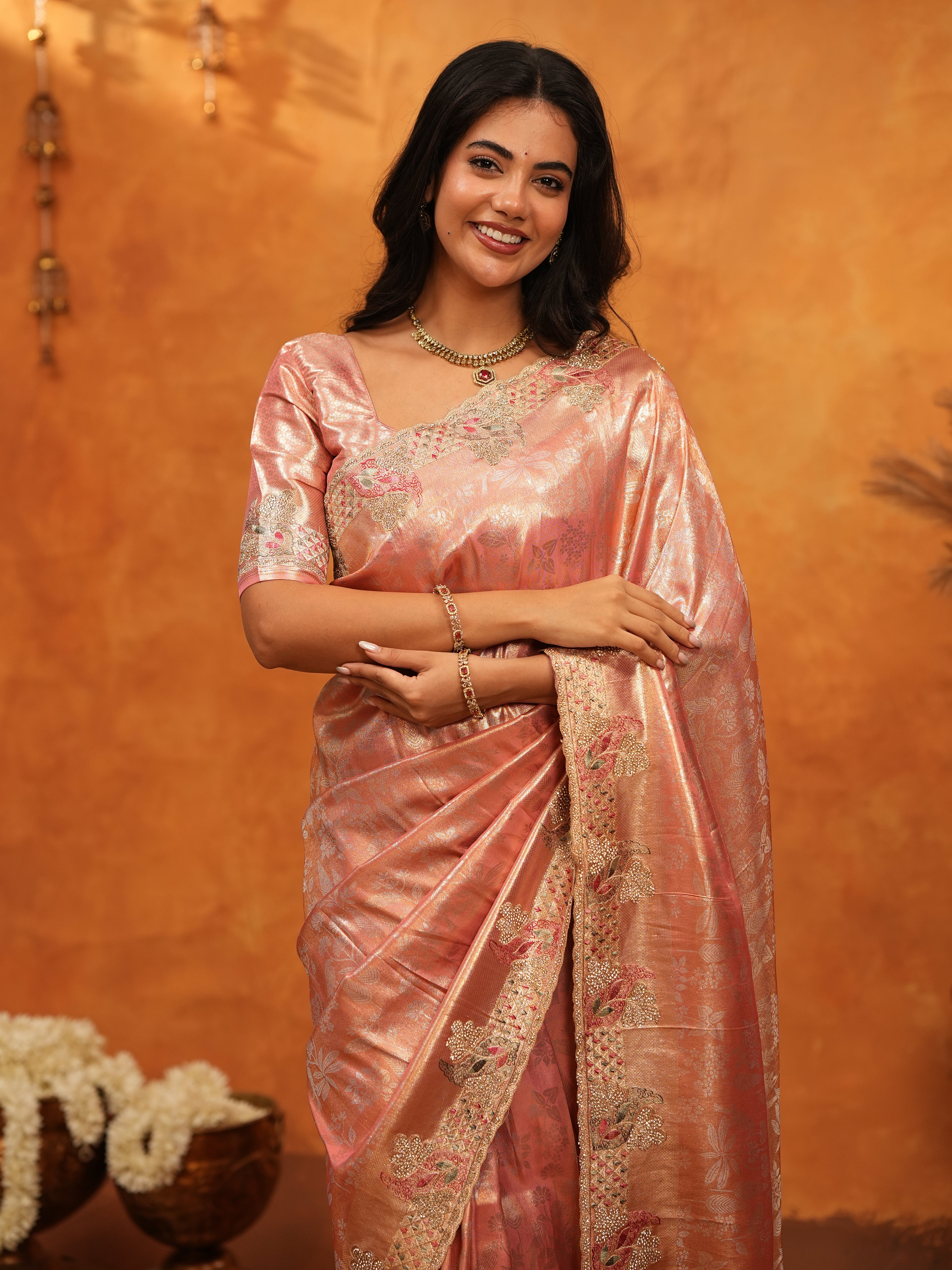 Elegant Rose Gold Banarasi Silk Saree with Floral Embroidered Border & Zari Weaving | Designer Wedding & Festive Wear Saree