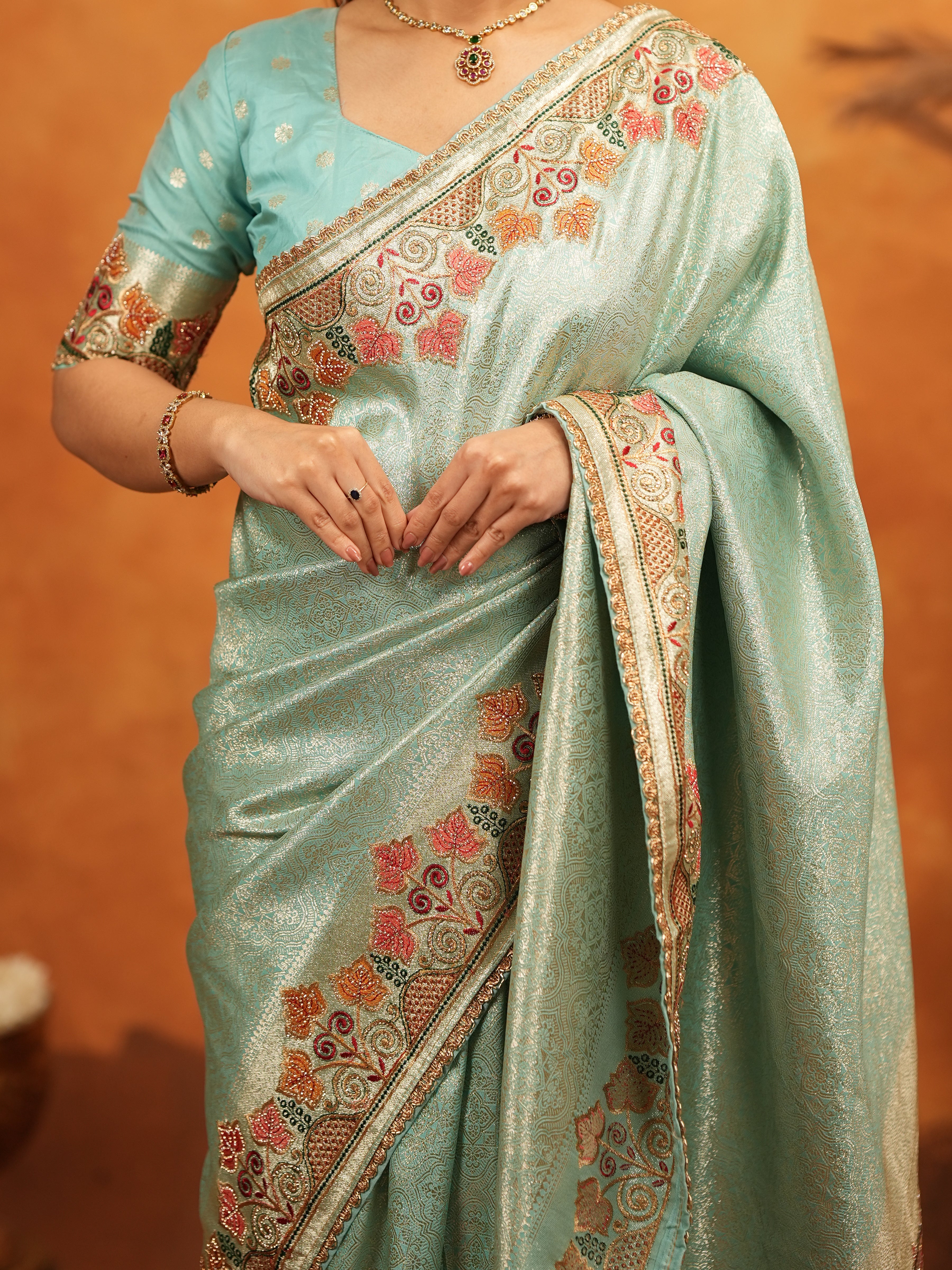 Mint Green Banarasi Silk Embroidered Saree with Multicolor Floral Border & Zari Weaving | Heavy Embroidered Blouse with Tassels | Wedding & Festive Wear Saree