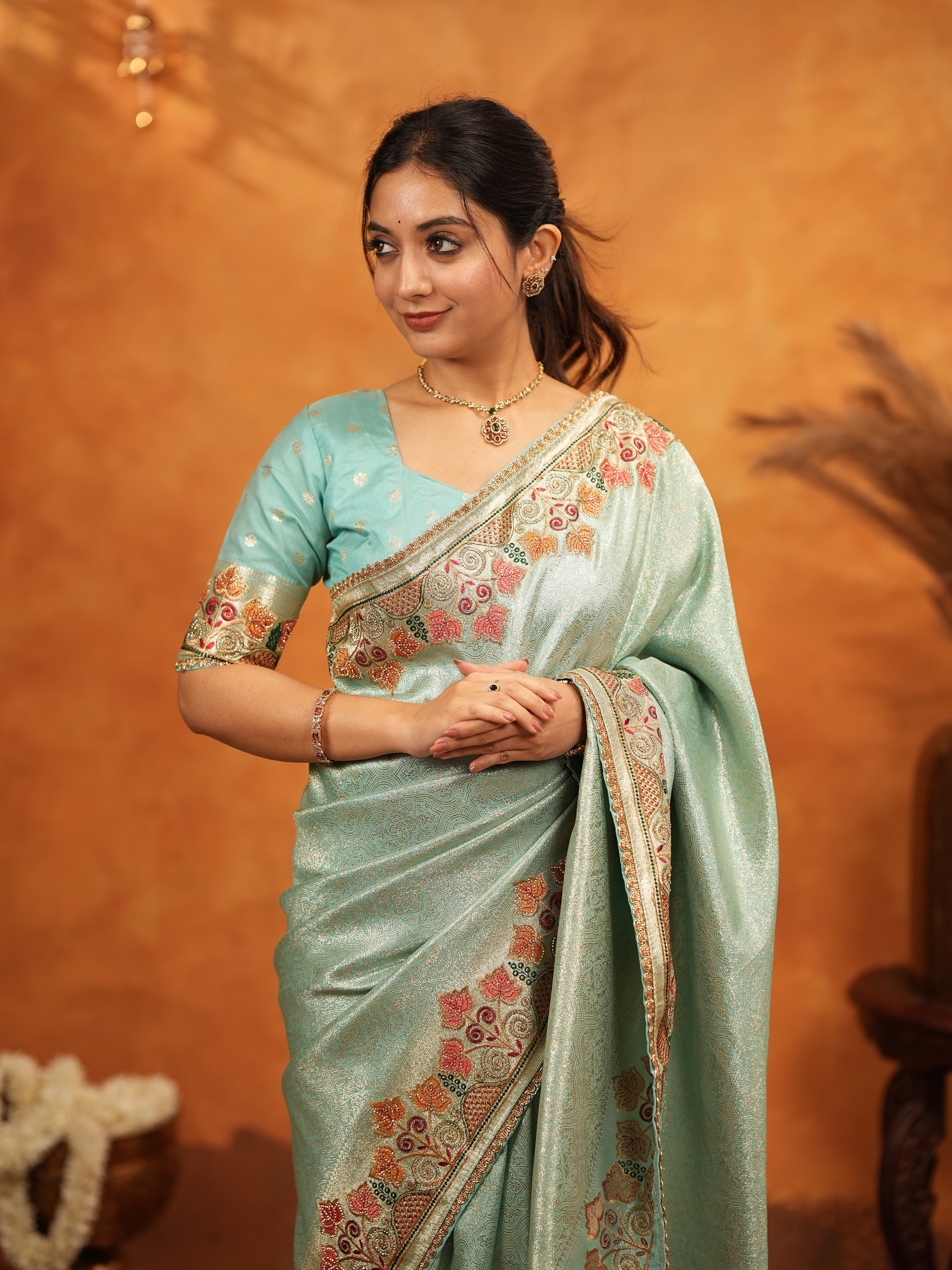 Mint Green Banarasi Silk Embroidered Saree with Multicolor Floral Border & Zari Weaving | Heavy Embroidered Blouse with Tassels | Wedding & Festive Wear Saree