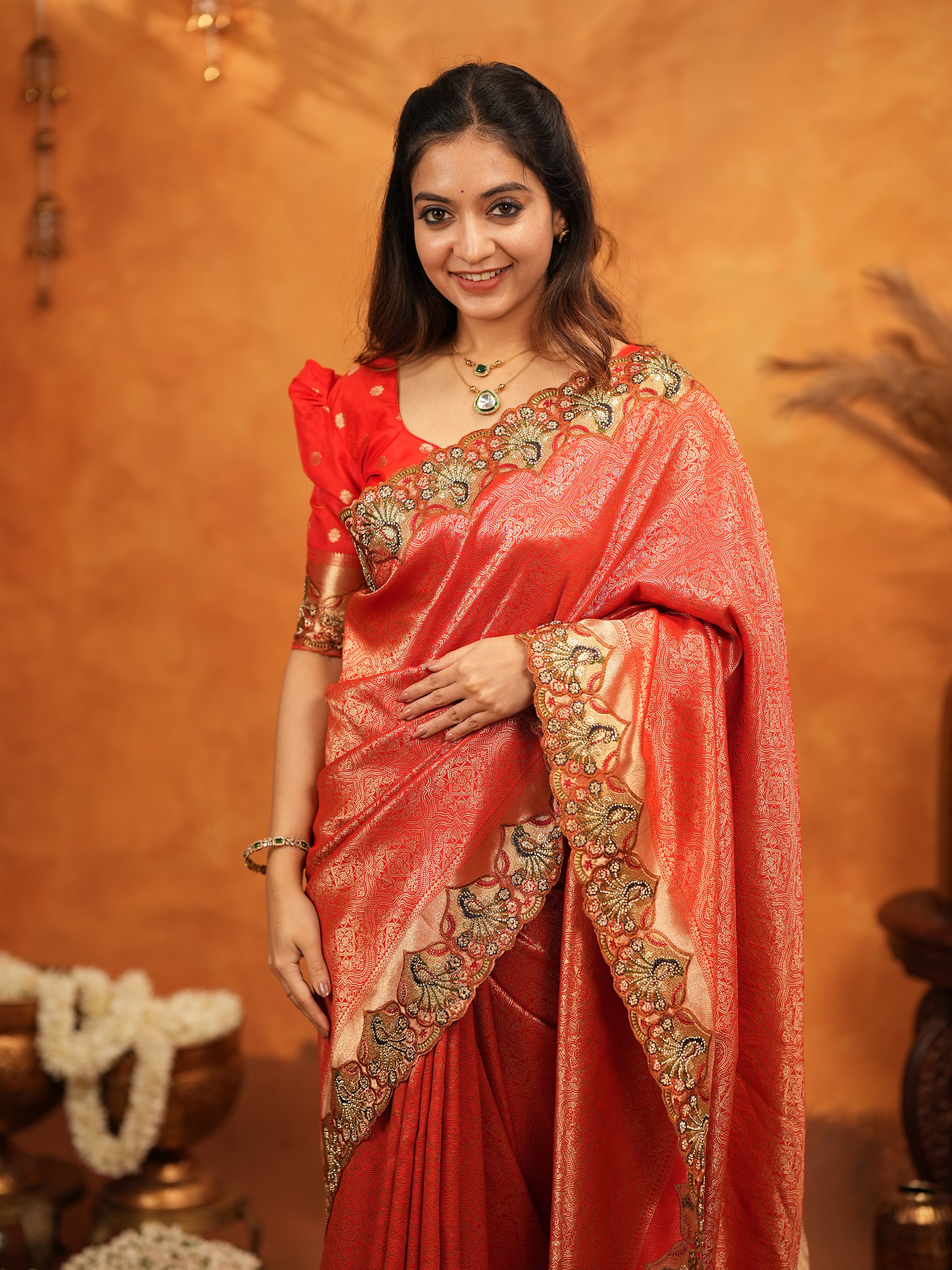 Classic Red Banarasi Silk Saree with Rich Zari Weaving & Heavy Embroidered Border | Designer Wedding Wear Saree with Blouse & Tassels