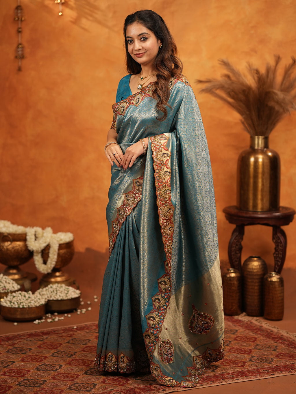 Teal Blue Banarasi Silk Saree with Intricate Zari Weaving & Heavy Embroidered Border | Designer Festive Wedding Wear Saree with Blouse & Tassels