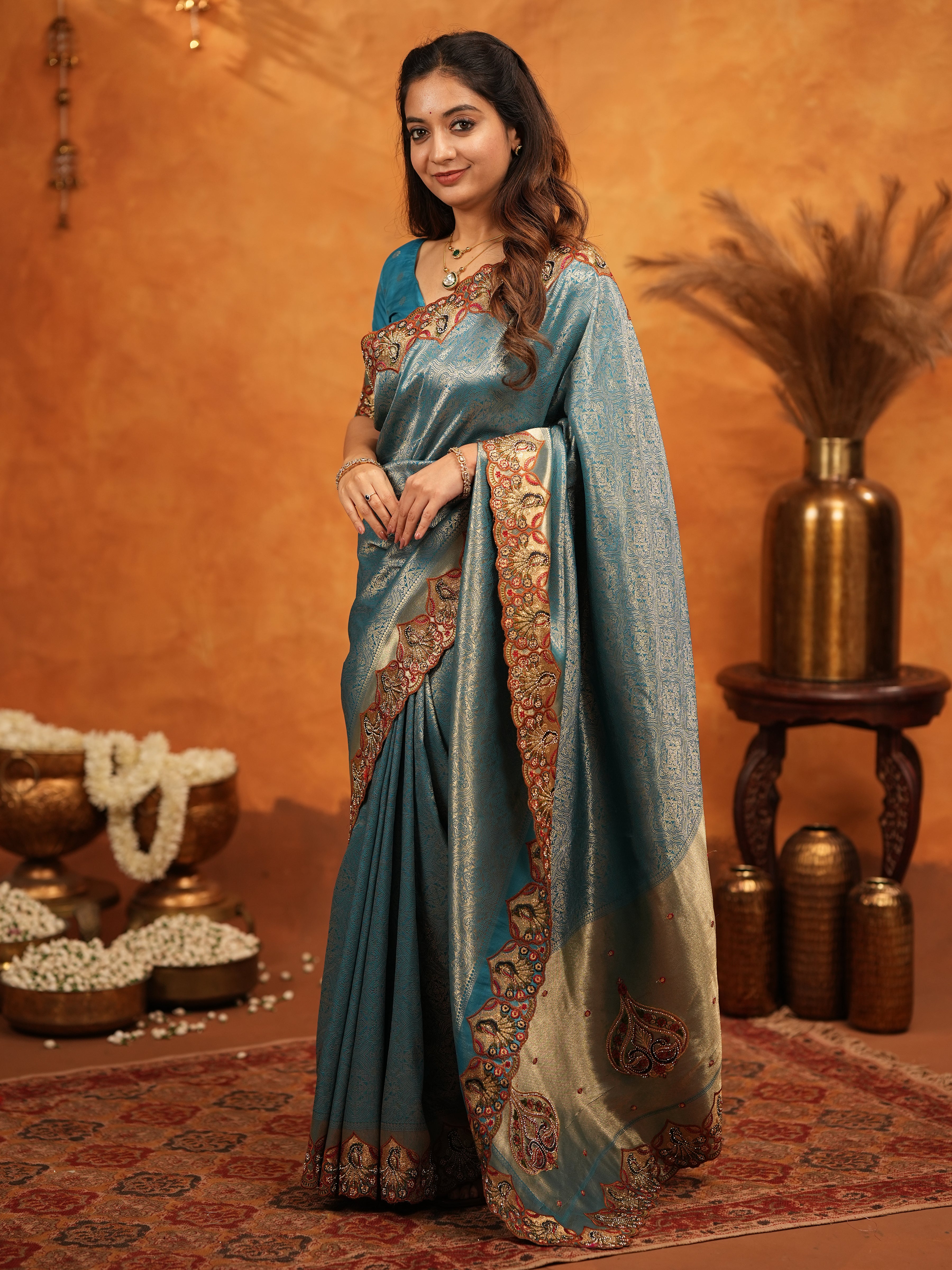 Teal Blue Banarasi Silk Saree with Intricate Zari Weaving & Heavy Embroidered Border | Designer Festive Wedding Wear Saree with Blouse & Tassels