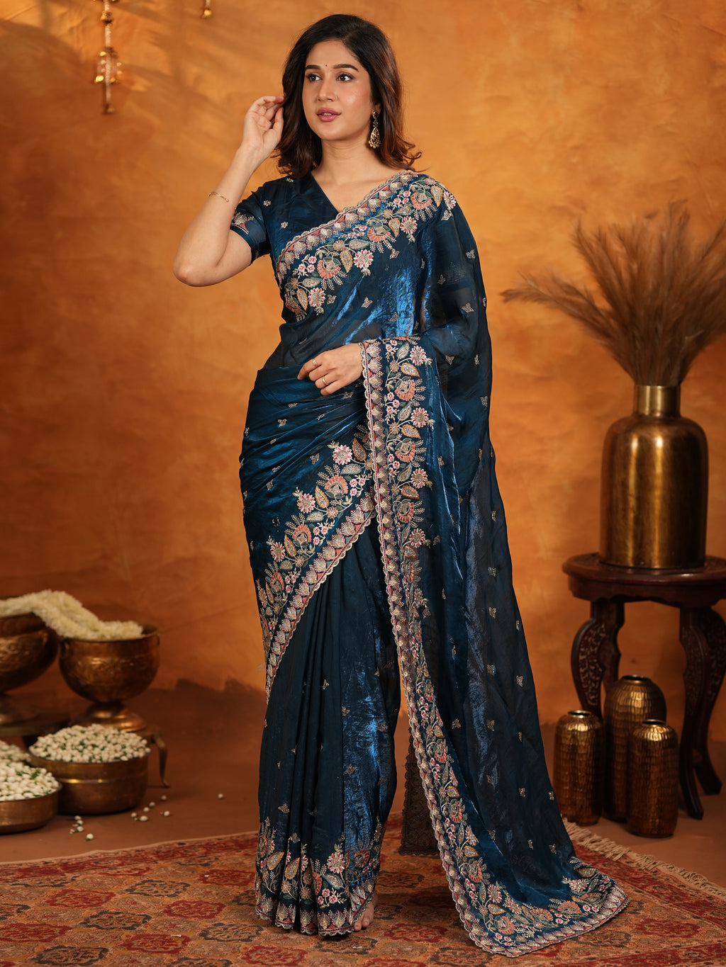Royal Navy Blue Fendy Satin Embroidered Saree with Heavy Floral Border & Tassels | Designer Saree with Rich Embroidered Blouse