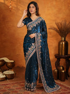 Royal Navy Blue Fendy Satin Embroidered Saree with Heavy Floral Border & Tassels | Designer Saree with Rich Embroidered Blouse