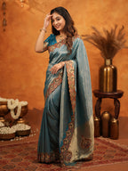 Teal Blue Banarasi Silk Saree with Intricate Zari Weaving & Heavy Embroidered Border | Designer Festive Wedding Wear Saree with Blouse & Tassels