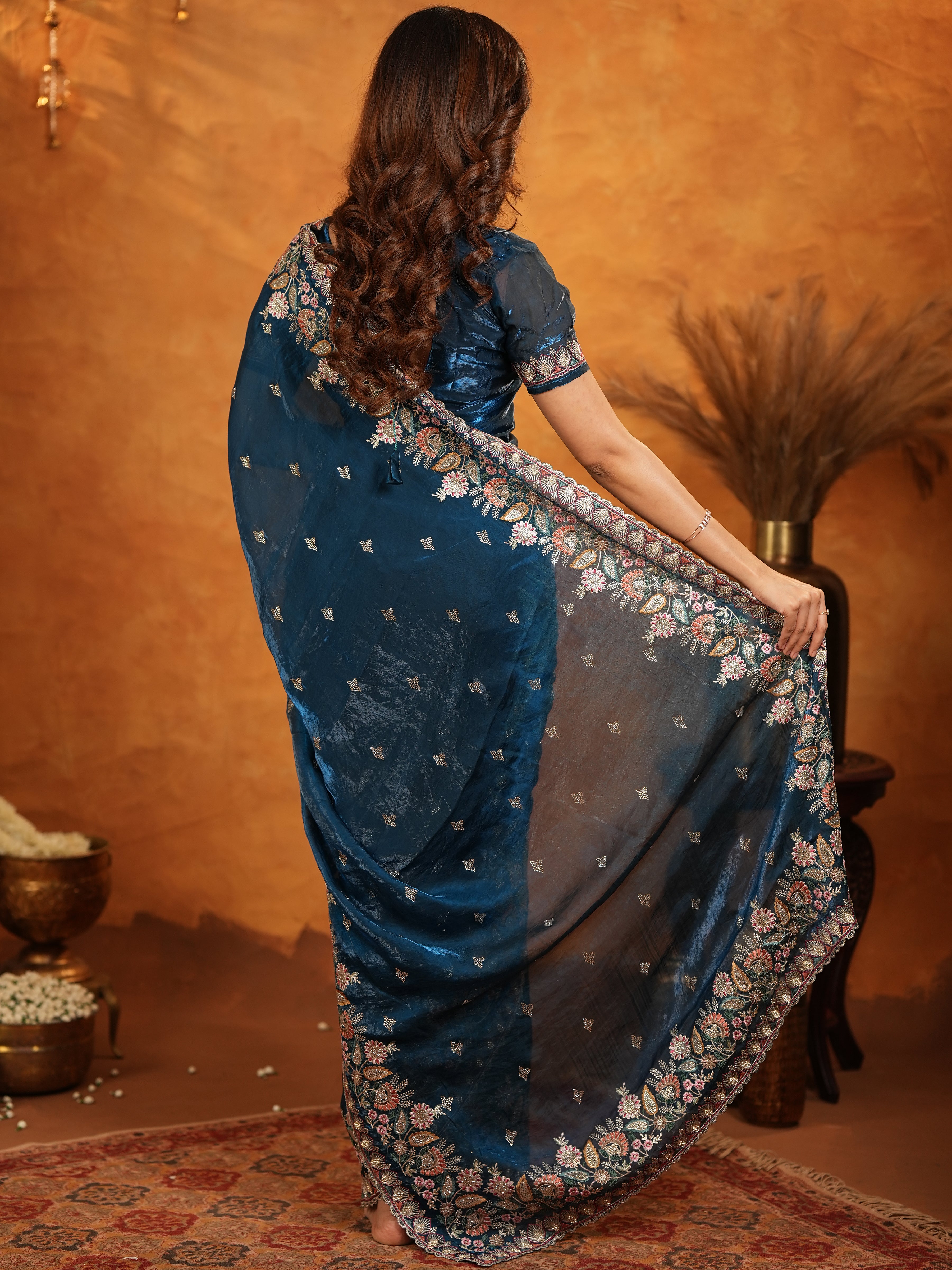 Royal Navy Blue Fendy Satin Embroidered Saree with Heavy Floral Border & Tassels | Designer Saree with Rich Embroidered Blouse